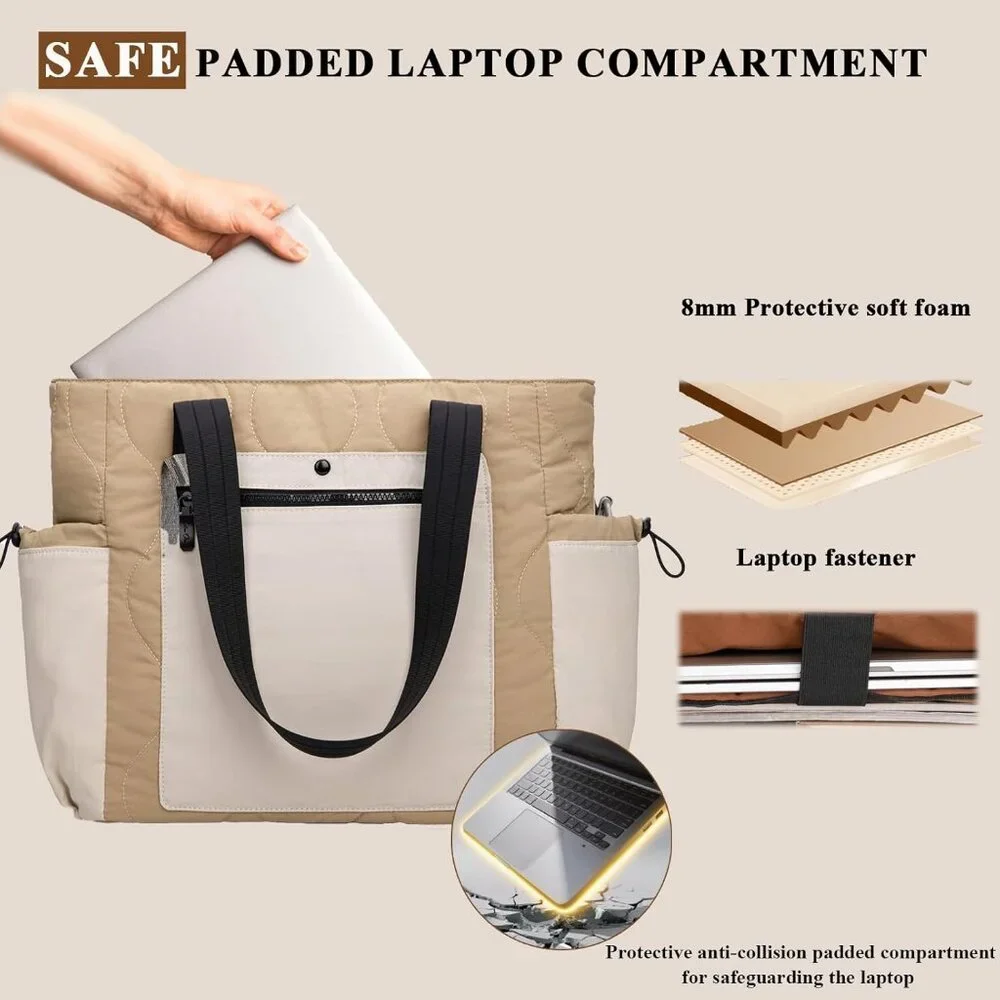 Cream Khaki Lightweight Puffer Tote Bag for Women with Laptop Compartment - Picture 4 of 7